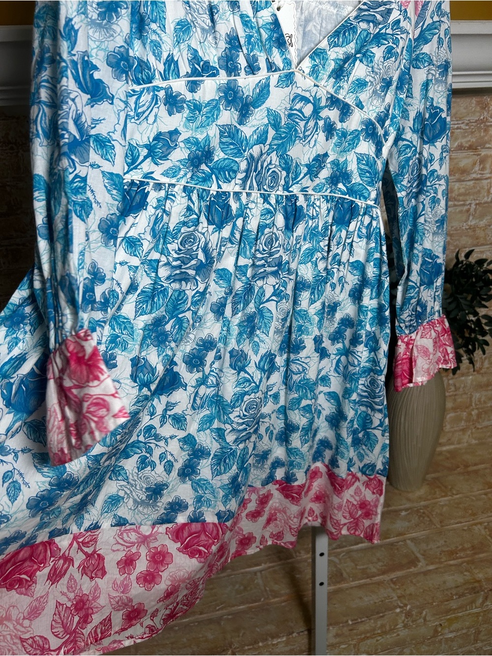 Simply Southern Blue Pink Floral Toile Ruffle Dress S Coastal old money #629 - Picture 3 of 12